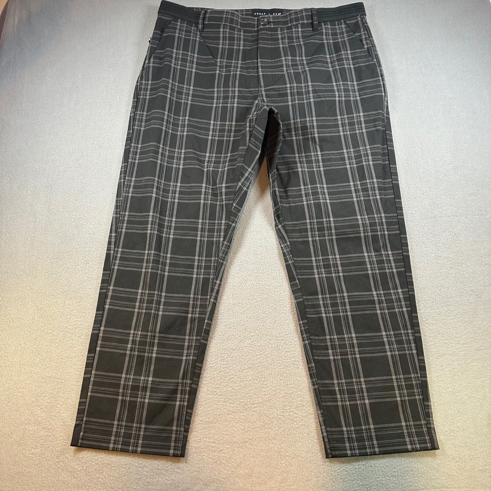 Edgar + Ash Mens XL Plaid Chino Pants Gray Black Stretch Elastic Waist Casual